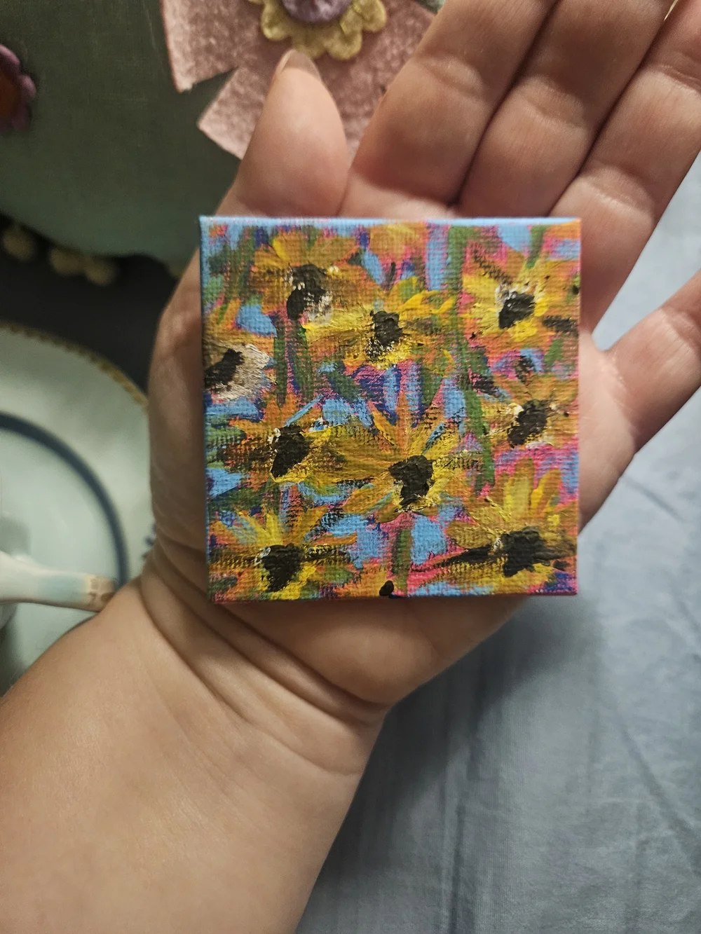 Set Of Two Handcrafted Mini Canvas flower Art - Yellow